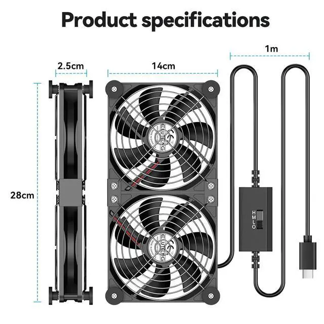 Alt view image 6 of 7 - ELUTENG USB C Fans 140mm Dual with Mats PC Cooling Ventilator TypeC Quite 5V USBC Computer Fan with 3 Speed Controller for Router, Receiver, TV Box, DVR, Xbox, PS6, PS5, Cabinet