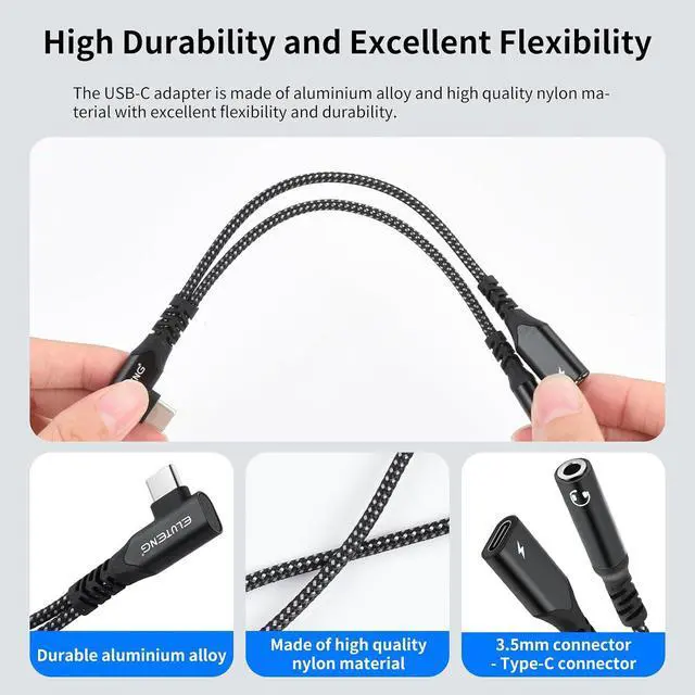 Alt view image 7 of 7 - ELUTENG 2in1 USB C to 3.5mm Audio Adapter and Charger 0.65ft 90° Right Angle Hi-Res 32bit/384kHz Aux to Type C Cable Braided Nylon PD 60W Fast Charging Compatible for iPhone/Galaxy/Pixel/iPad