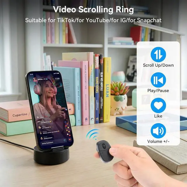 Alt view image 4 of 7 - ELUTENG Ring Remote Control Page Turner, Kindle Paperwhite Compatible Remote Page Turner, Kindle Holder with Remote Page Turner for eBook Reading & Selfies (Black)
