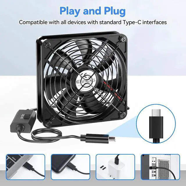 Alt view image 3 of 7 - ELUTENG 140mm PC USB-C Fan with 3 Speed Controller | 5V Type C Powered, Quiet Cooling Ventilator, 14cm, For Router, Receiver, TV Box, DVR, Xbox, PS6, PS5, Cabinet