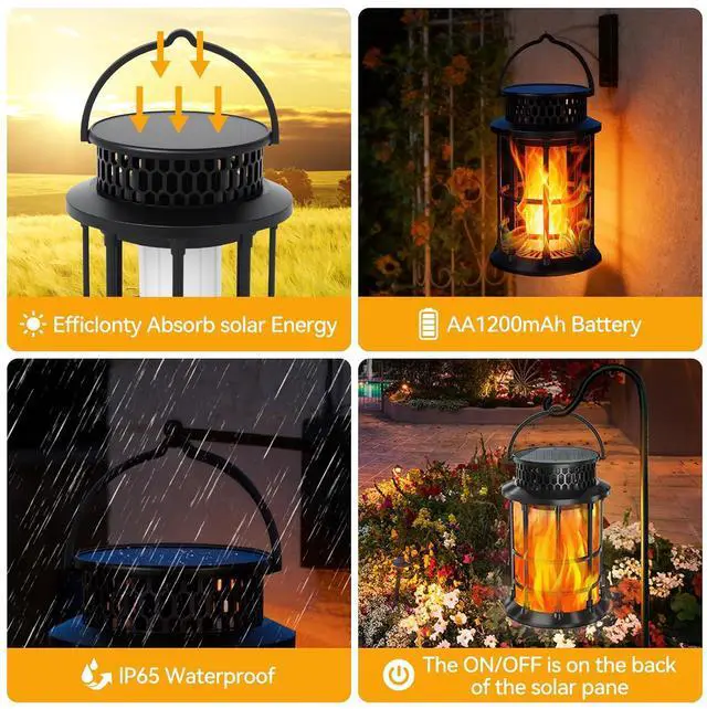 Alt view image 4 of 7 - ELUTENG Solar Lantern Outdoor Waterproof Flickering Flame Hanging Lantern, 1200mAh Solar Torch Lights for Patio | Pathway | Yard | Outside Decor