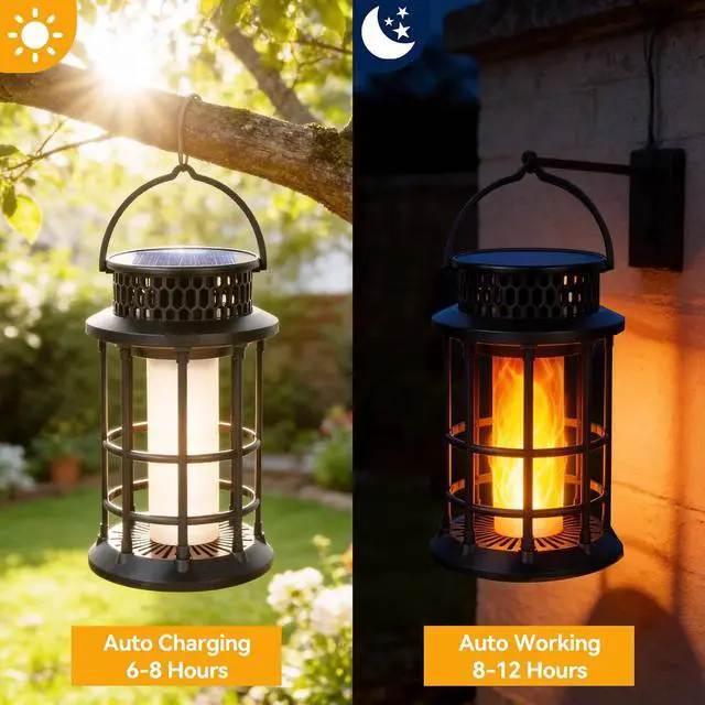 Alt view image 2 of 7 - ELUTENG Solar Lantern Outdoor Waterproof Flickering Flame Hanging Lantern, 1200mAh Solar Torch Lights for Patio | Pathway | Yard | Outside Decor