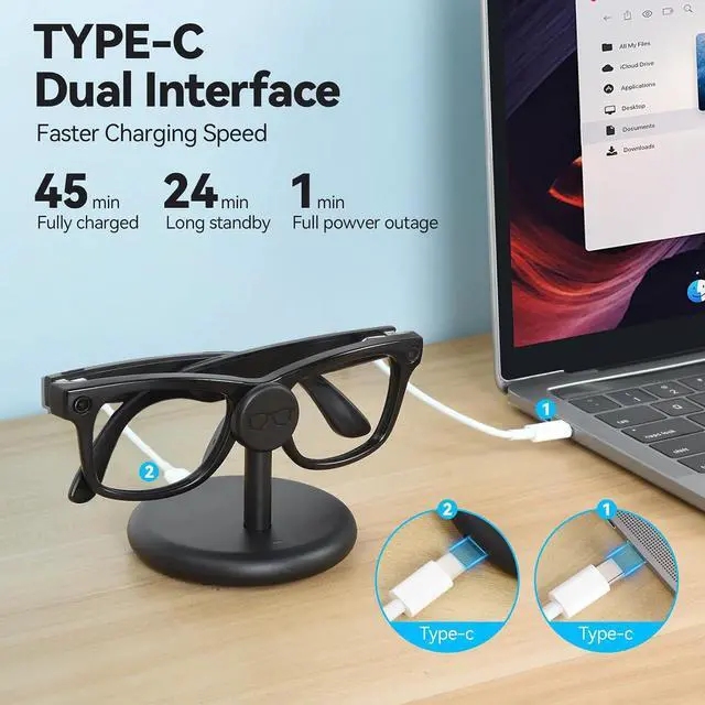 Alt view image 2 of 7 - ELUTENG for Meta Ray-Ban Glasses Charging Stand AR Smart Glasses Charging Holder-Wayfarer, Skyler, Headliner and Oakley Meta HSTN Charger with LED Indicator with 1m Type-C Cable,Black