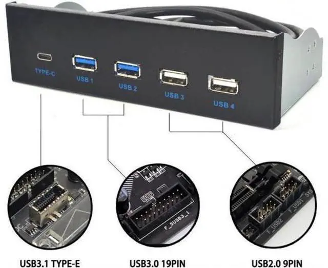 Main image of 5.25 Inch PC Front Panel USB 3.1 Gen 2 Hub, 2 USB3.0 + 2 USB2.0 + USB-C Port with Type-E Internal Header for Desktop Chassis Expansion
