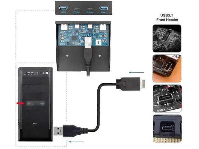 Alt view image 4 of 7 - 3.5 Inch Floppy Bay Front Panel Hub, Motherboard USB 3.1 Header Splitter Cable with USB-C + 3 USB3.0 Ports for Desktop PC Chassis Upgrade
