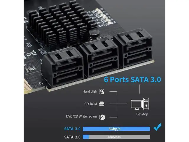 Alt view image 3 of 7 - PCIe 4X to 6 SATA Expansion Card, 6Gbps SATA3.0 Controller with LED Indicator, 6 SATA Cables & 15PIN Power Cable for Windows Linux