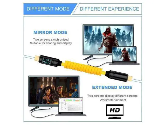 Alt view image 5 of 7 - 180CM Coiled USB4 Cable with Smart LED Display, Type-C Male to Male, 20Gbps, 100W Charging, 8K Video for Laptop, Drive, Phone