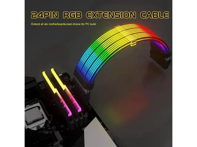Alt view image 2 of 7 - 24Pin ARGB PSU Extension Cable, 5V 3Pin Addressable RGB Motherboard Power Cord, Black Style for Black Themed PC Case Modding