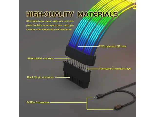 Alt view image 7 of 7 - 24Pin ARGB PSU Extension Cable, 5V 3Pin Addressable RGB Motherboard Power Cord, Black Style for Black Themed PC Case Modding
