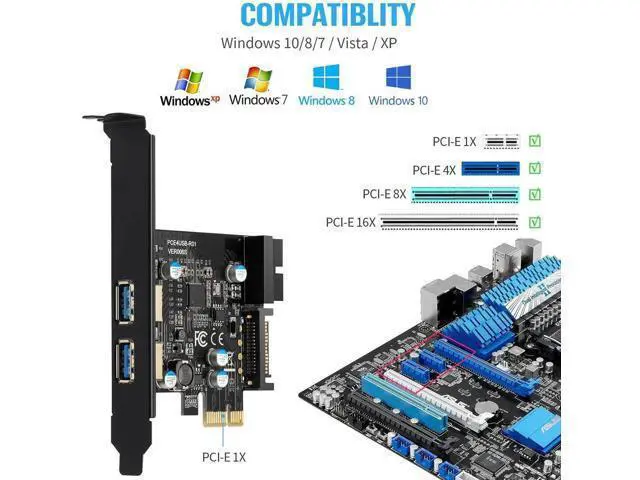 Alt view image 3 of 7 - PCI-E USB 3.2 Gen1 Expansion Card, 2×USB-A 5Gbps + 20Pin Front Header, SATA Power Supply