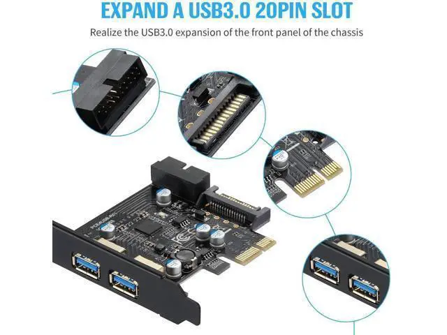 Alt view image 4 of 7 - PCI-E USB 3.2 Gen1 Expansion Card, 2×USB-A 5Gbps + 20Pin Front Header, SATA Power Supply