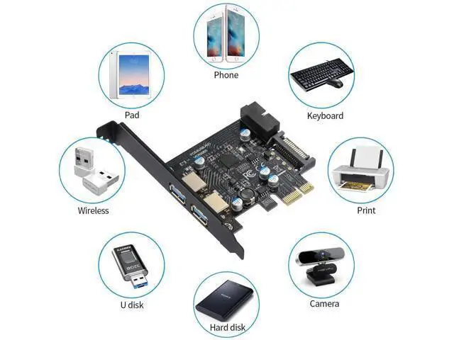 Alt view image 7 of 7 - PCI-E USB 3.2 Gen1 Expansion Card, 2×USB-A 5Gbps + 20Pin Front Header, SATA Power Supply