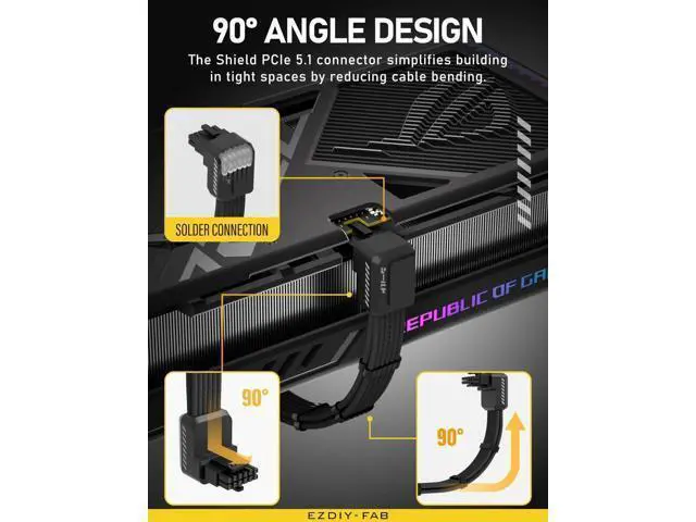 Alt view image 3 of 7 - Shield PCIe 5.1 GPU Extension Cable, 90° 12V-2x6 Angled Adapter, 16Pin(12+4) 12VHPWR Male to Female PSU Extender with Cable Combs, Standard Type, Black, Compatible with RTX 40/50 Series GPUs