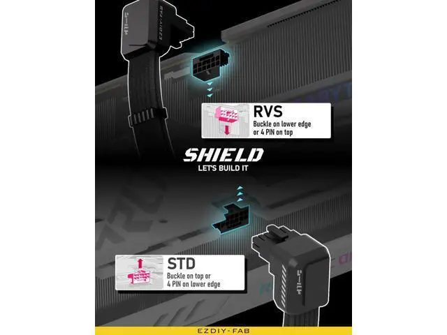 Alt view image 2 of 7 - Shield PCIe 5.1 GPU Extension Cable, 90° 12V-2x6 Angled Adapter, 16Pin(12+4) 12VHPWR Male to Female PSU Extender with Cable Combs, Standard Type, Black, Compatible with RTX 40/50 Series GPUs