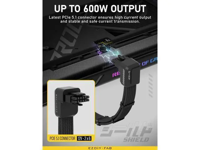 Alt view image 6 of 7 - Shield PCIe 5.1 GPU Extension Cable, 90° 12V-2x6 Angled Adapter, 16Pin(12+4) 12VHPWR Male to Female PSU Extender with Cable Combs, Standard Type, Black, Compatible with RTX 40/50 Series GPUs