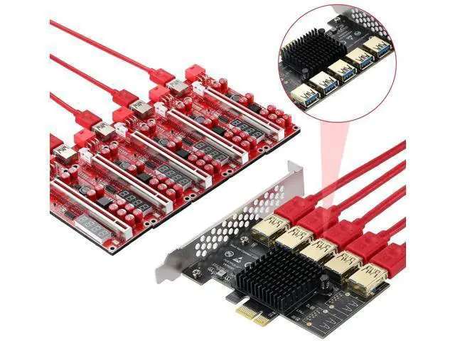 Alt view image 2 of 7 - PCI-E 1 to 5 Riser Splitter Card, PCI-E X1 to 5 Port PCIe USB3.0 Multiplier Adapter, GPU Expansion Riser Card for Bitcoin Ethereum Mining Rig