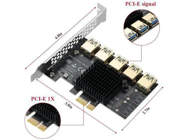 Alt view image 3 of 7 - PCI-E 1 to 5 Riser Splitter Card, PCI-E X1 to 5 Port PCIe USB3.0 Multiplier Adapter, GPU Expansion Riser Card for Bitcoin Ethereum Mining Rig