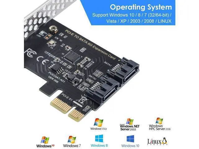 Alt view image 2 of 7 - 2-Port SATA 3.0 PCIe Expansion Card, 6Gbps SATA Controller Compatible with PCI-E x2/x4/x8/x16, Supports SSD HDD Windows Linux