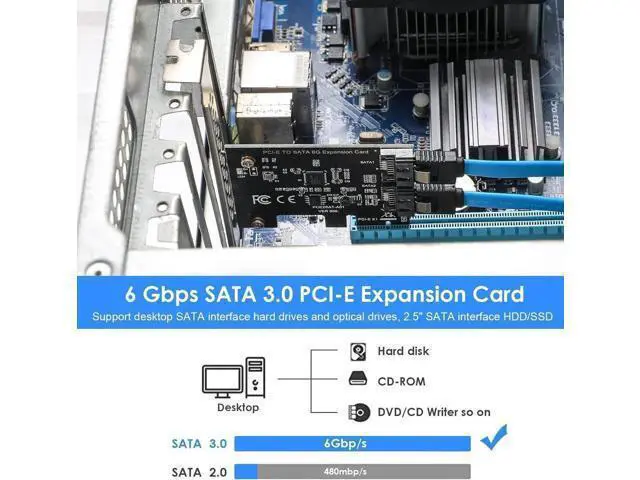 Alt view image 4 of 7 - 2-Port SATA 3.0 PCIe Expansion Card, 6Gbps SATA Controller Compatible with PCI-E x2/x4/x8/x16, Supports SSD HDD Windows Linux