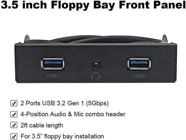 Alt view image 2 of 4 - 3.5 Inch PC Front Panel 2-Port USB3.0 Hub with HD 4Pin Audio & Mic, 2FT 19-Pin USB Header Cable for Desktop Chassis Upgrade