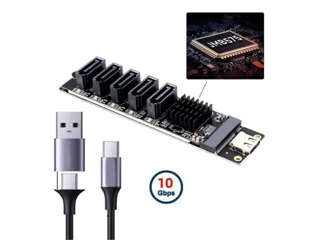 Alt view image 2 of 7 - 10Gbps USB-C to NGFF B+M Key SATA 5-Port Adapter Card, Dual Chip JMS580+JMB575 SATA III 6Gbps Port Multiplier Selector, External Multi-HDD/SSD Storage Expansion Converter