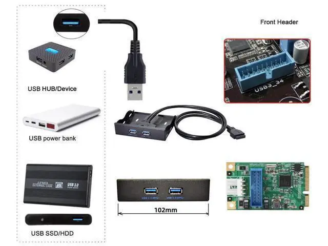 Alt view image 6 of 7 - 3.5" Floppy Bay 19/20Pin USB 3.0 Header 1 to 2 Port Extension Cable, Motherboard Front Panel Hub Adapter for PC