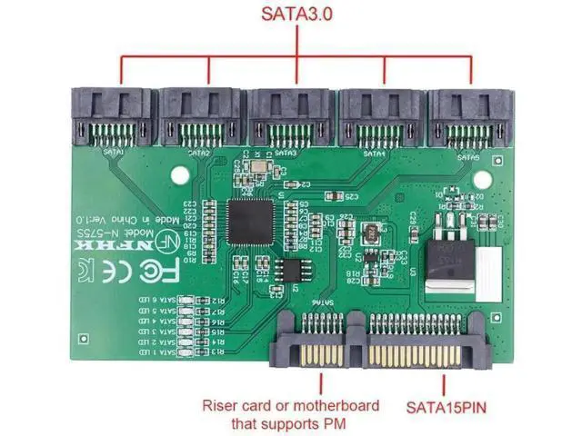Alt view image 2 of 6 - 1 to 5 Port SATA 3.0 Port Multiplier Splitter Hub with JMB575 Chip, SATA PM Multiplier Adapter