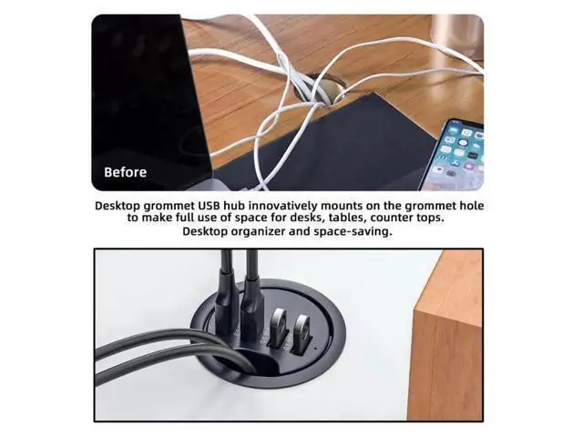Alt view image 5 of 7 - 60mm Desk Grommet Flush Mount 4-Port USB 3.0 Hub Splitter, 5Gbps High Speed Expansion Dock Station for Office Desktop PC Cable Hole Installation