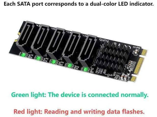 Alt view image 6 of 7 - 5 Ports M.2 B+M Key to SATA 3.0 Expansion Adapter with JMB575 Chip, NGFF 1-to-5 SATA Converter Card with LED Activity Indicators