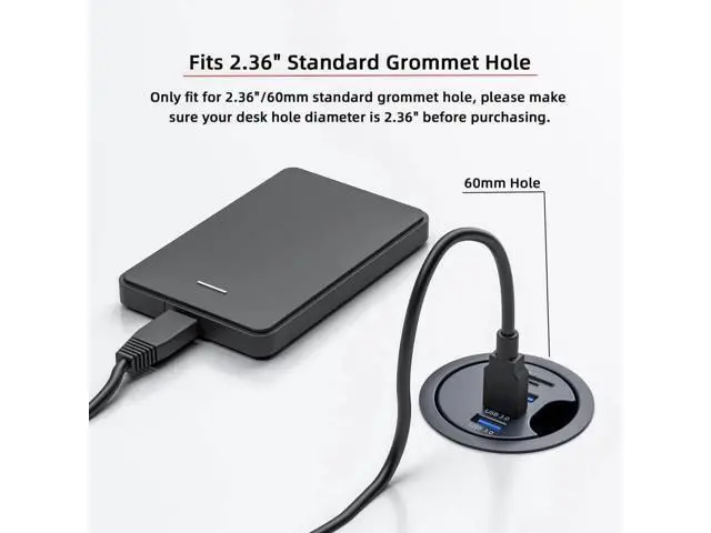 Alt view image 6 of 7 - USB 3.0 Flush Mount Desktop Hub, 60mm 2.36 Inch Grommet Hole Dock with 3 USB3.0 Ports & SD TF Dual Card Reader for Office Desk
