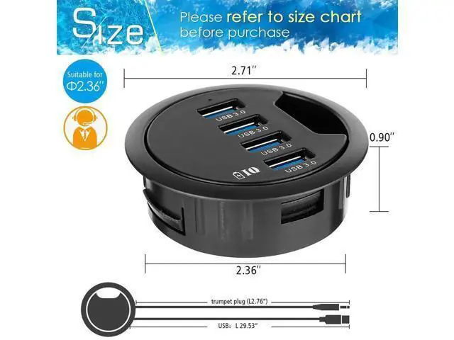 Alt view image 2 of 7 - 60mm Desk Grommet USB 3.0 4-Port Hub with BC1.2 Fast Charging Ports, Flush Mount Dock Station for iPhone, Smartphones, iPad & Tablets