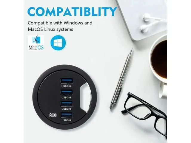 Alt view image 7 of 7 - 60mm Desk Grommet USB 3.0 4-Port Hub with BC1.2 Fast Charging Ports, Flush Mount Dock Station for iPhone, Smartphones, iPad & Tablets