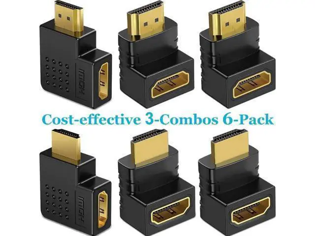 Alt view image 6 of 7 - 6 Pack 90°/270° Angled HDMI 2.0 Male to Female Adapters, Left/Right/Up/Down Direction Gold-Plated Connectors Support 4K 3D