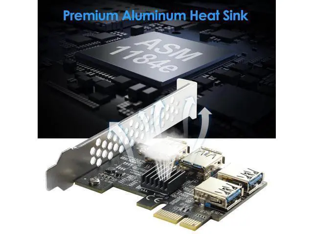 Alt view image 2 of 7 - PCIe 1 to 4 Riser Card, PCI-E 1X to 4 Ports USB 3.0 Adapter Multiplier for Bitcoin Mining GPU