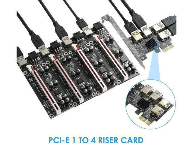 Alt view image 4 of 7 - PCIe 1 to 4 Riser Card, PCI-E 1X to 4 Ports USB 3.0 Adapter Multiplier for Bitcoin Mining GPU