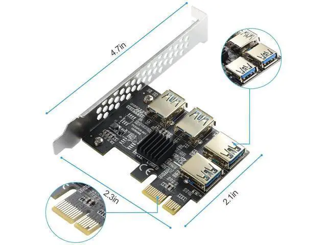 Alt view image 6 of 7 - PCIe 1 to 4 Riser Card, PCI-E 1X to 4 Ports USB 3.0 Adapter Multiplier for Bitcoin Mining GPU