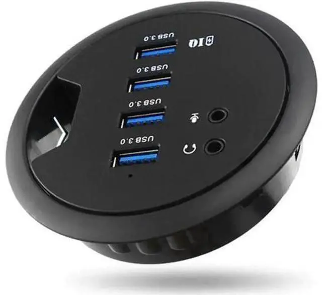 Main image of In-Desk 4-Port SuperSpeed USB 3.0 Hub with Stereo Audio Combo Adapter, Fits Standard 3-Inch Desk Grommet Hole for Office Conference Table Workstation