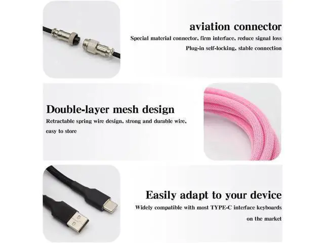 Alt view image 2 of 6 - 3M Coiled USB C Keyboard Cable, Hand Braided PET Mesh Gaming Cable with Detachable Metal Aviator Connector & Metal Plug, Black for Mechanical Keyboard