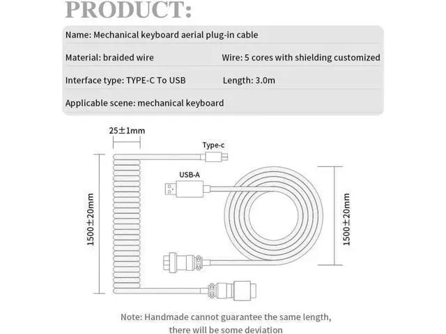 Alt view image 5 of 6 - 3M Coiled USB C Keyboard Cable, Hand Braided PET Mesh Gaming Cable with Detachable Metal Aviator Connector & Metal Plug, Black for Mechanical Keyboard