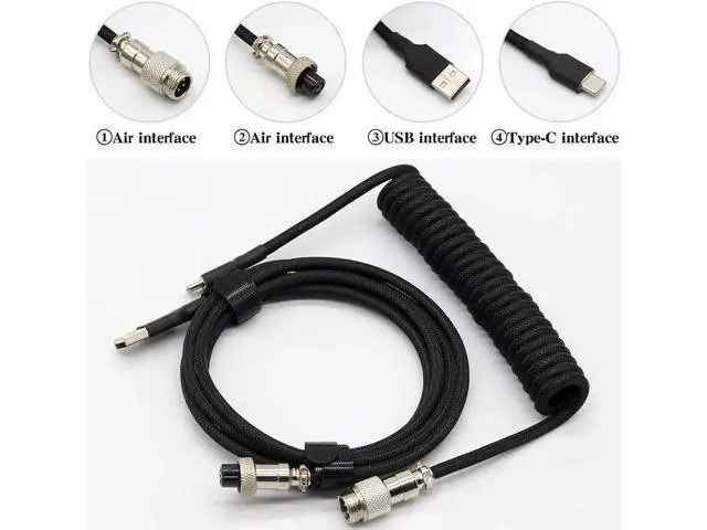 Alt view image 3 of 6 - 3M Coiled USB C Keyboard Cable, Hand Braided PET Mesh Gaming Cable with Detachable Metal Aviator Connector & Metal Plug, Black for Mechanical Keyboard