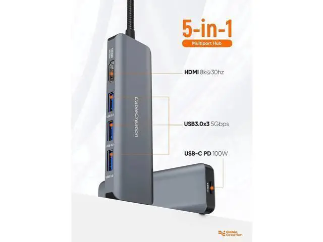 Alt view image 2 of 7 - 5-in-1 USB C Multiport Hub, Space Grey Aluminum USB C Adapter with 8K@30Hz / 4K@120Hz HDMI, 100W PD Pass-Through Charging & 3×USB 3.0 Ports, Portable USB C Dock Compatible with MacBook Pro/Air, iPad P