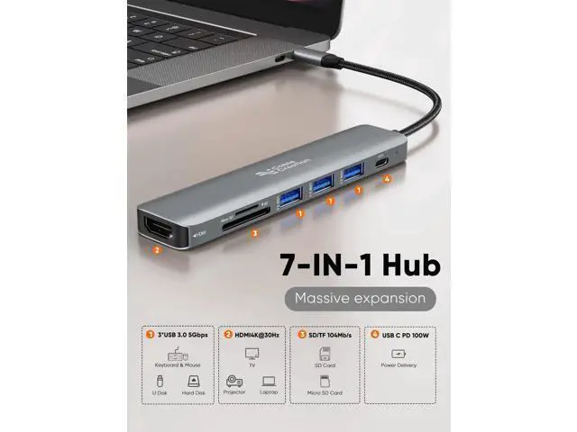 Alt view image 7 of 7 - 7-in-1 USB C Multiport Hub Adapter, 4K@30Hz HDMI Output, 100W PD Charging, 3×5Gbps USB 3.0, SD TF Card Reader, Portable USB C Dock for USB-C Laptops & Tablets