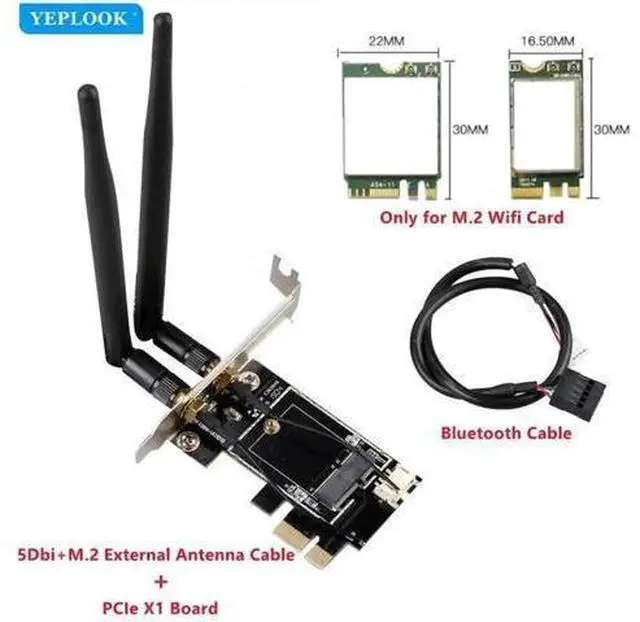 Main image of M.2 to PCIe 1X Desktop WiFi Adapter Card with Bluetooth Cable, Compatible with AX210 AX200 AC9260 8265 8260 7265 7260 1535 QCNFA344
