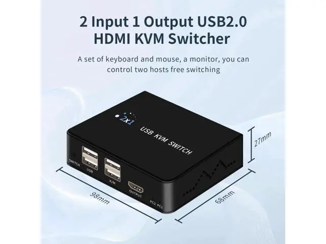 Alt view image 2 of 7 - 2-Port HDMI KVM Switch 4K@60Hz, 2 PCs Share 1 Monitor & 4 USB2.0 Peripherals, Supports Button & External Desktop Controller Switch for Keyboard Mouse Printer