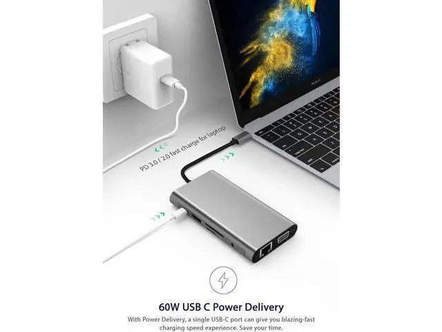 Alt view image 7 of 7 - 11-in-1 USB C Multiport Hub, USB C Dock with Gigabit Ethernet, 100W PD Charging, 4K HDMI, VGA, SD/TF Card Reader, 4 USB 3.0, 3.5mm Audio Mic Jack for USB-C Laptops