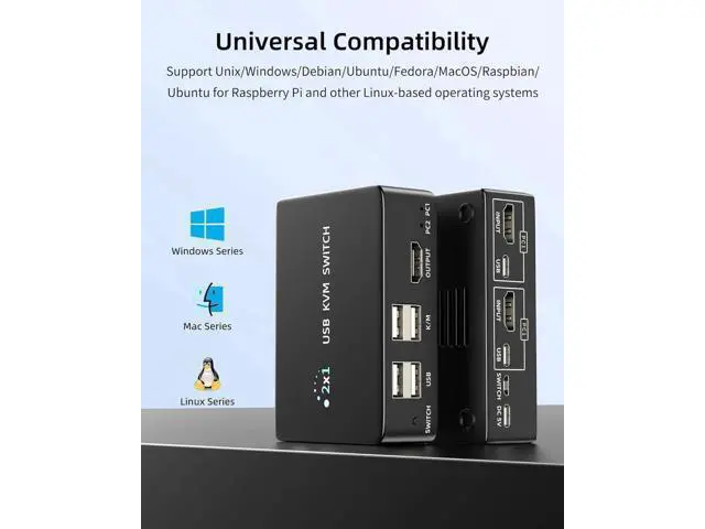 Alt view image 5 of 7 - 2-Port HDMI 2.1 8K KVM Switch 2 In 1 Out, Supports 8K@60Hz & 4K@120Hz, 4 USB2.0 Ports, Desktop Controller & 2 USB Cables Included for 2 PCs Sharing 1 Monitor Keyboard Mouse