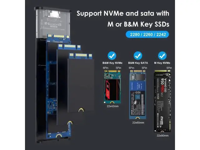 Alt view image 2 of 6 - Tool-Free M.2 NVMe & SATA SSD Enclosure, 10Gbps USB-C M.2 to USB Adapter, Supports M Key / B+M Key 2242/2260/2280 Drives