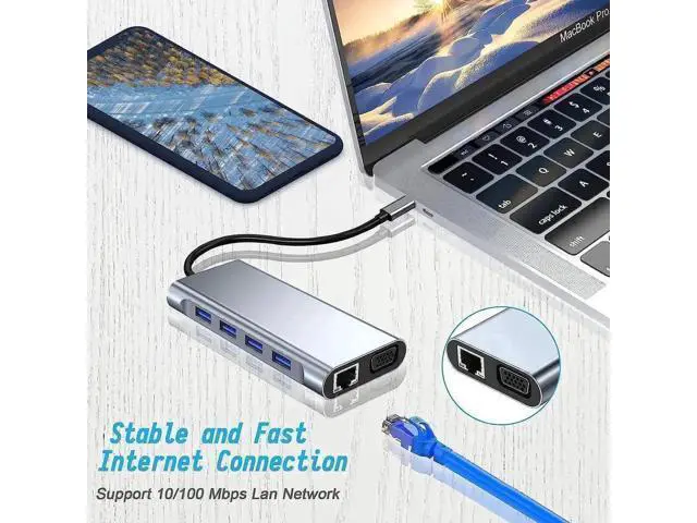 Alt view image 4 of 7 - 11 in 1 USB C Hub Multiport Docking Station, USB C Adapter with 4K HDMI, VGA, 100W Type C PD, USB3.0, Gigabit RJ45 Ethernet, SD/TF Card Reader, 3.5mm AUX, Compatible with MacBook Pro/Air & All USB C L