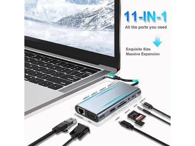 Alt view image 2 of 7 - 11 in 1 USB C Hub Multiport Docking Station, USB C Adapter with 4K HDMI, VGA, 100W Type C PD, USB3.0, Gigabit RJ45 Ethernet, SD/TF Card Reader, 3.5mm AUX, Compatible with MacBook Pro/Air & All USB C L