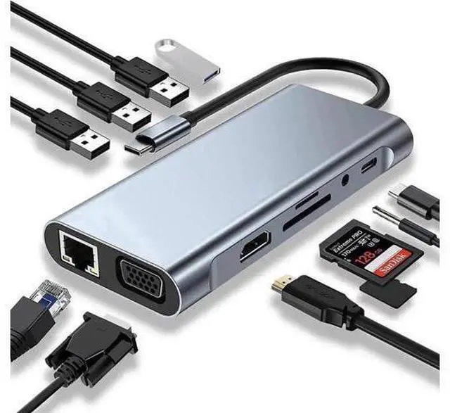 Main image of 11 in 1 USB C Hub Multiport Docking Station, USB C Adapter with 4K HDMI, VGA, 100W Type C PD, USB3.0, Gigabit RJ45 Ethernet, SD/TF Card Reader, 3.5mm AUX, Compatible with MacBook Pro/Air & All USB C L